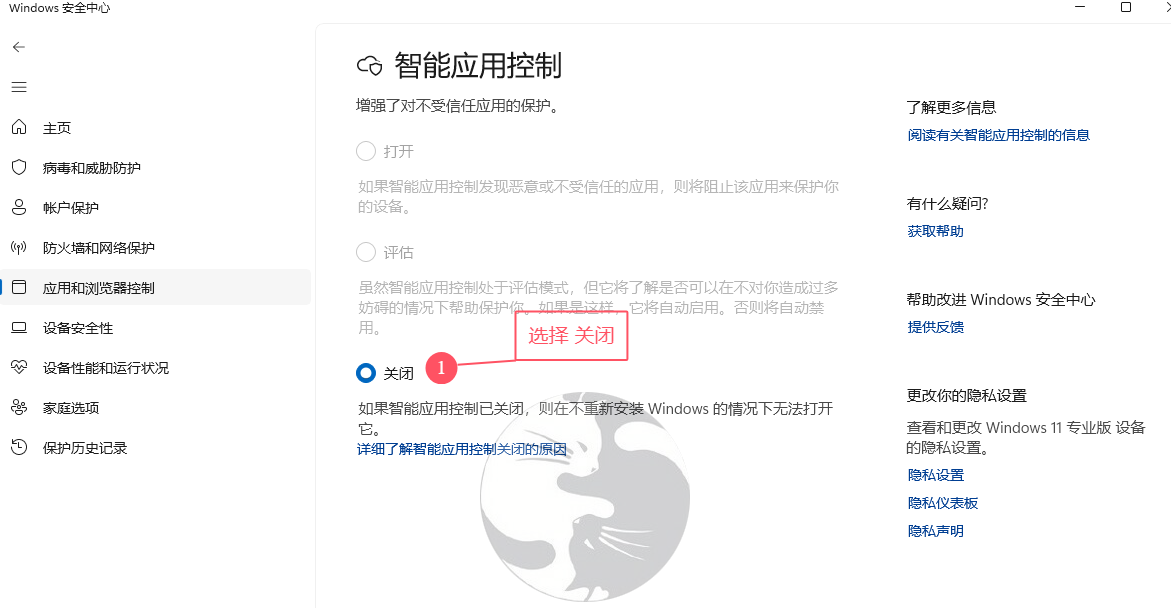 将智能应用控制设置为关闭